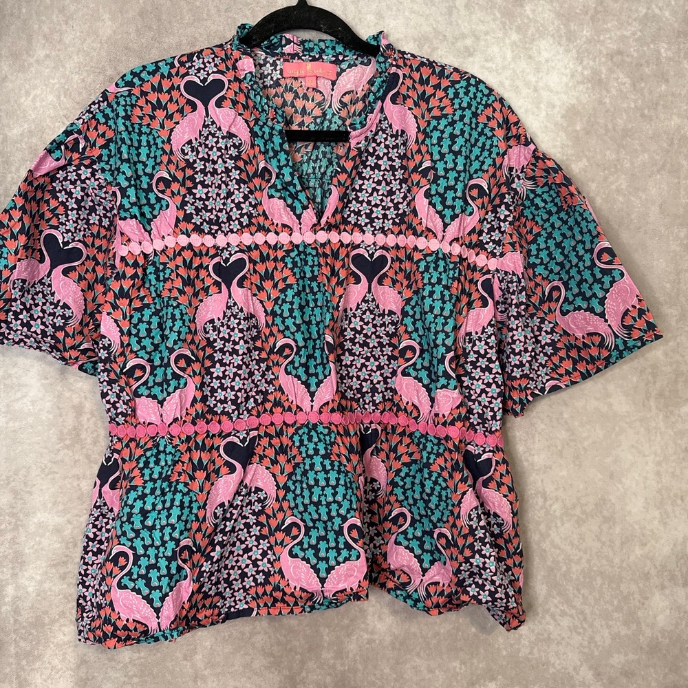 Simply Southern Pink Teal and Navy Flamingo Peplum Blouse